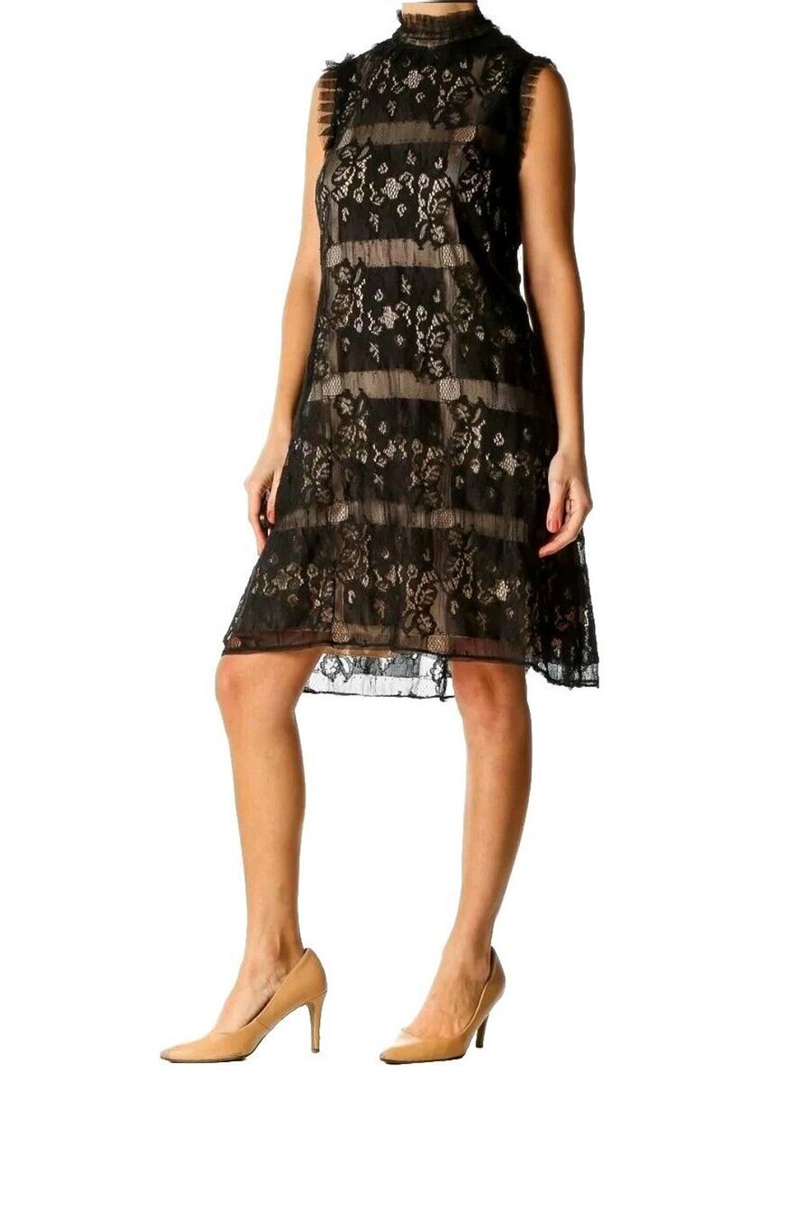 Max Studio Black Lace Dress Large Scroll Design Sleeveless Sheath Lined Small